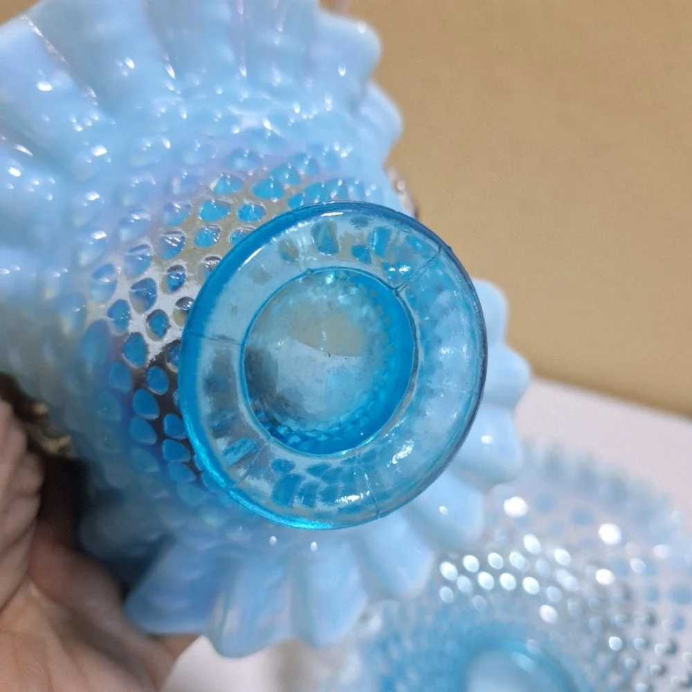 Vintage Fenton Blue Opalescent Hobnail Ruffled Bowl & Basket Set Milk Glass